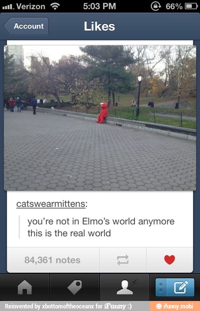 Account Likes
you're not in Elmo's world anymore
this is the real world
84,361 no