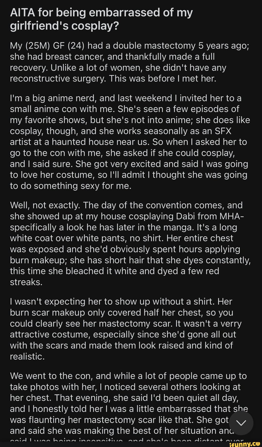 Aita for being embarassed of my girlfriends cosplay