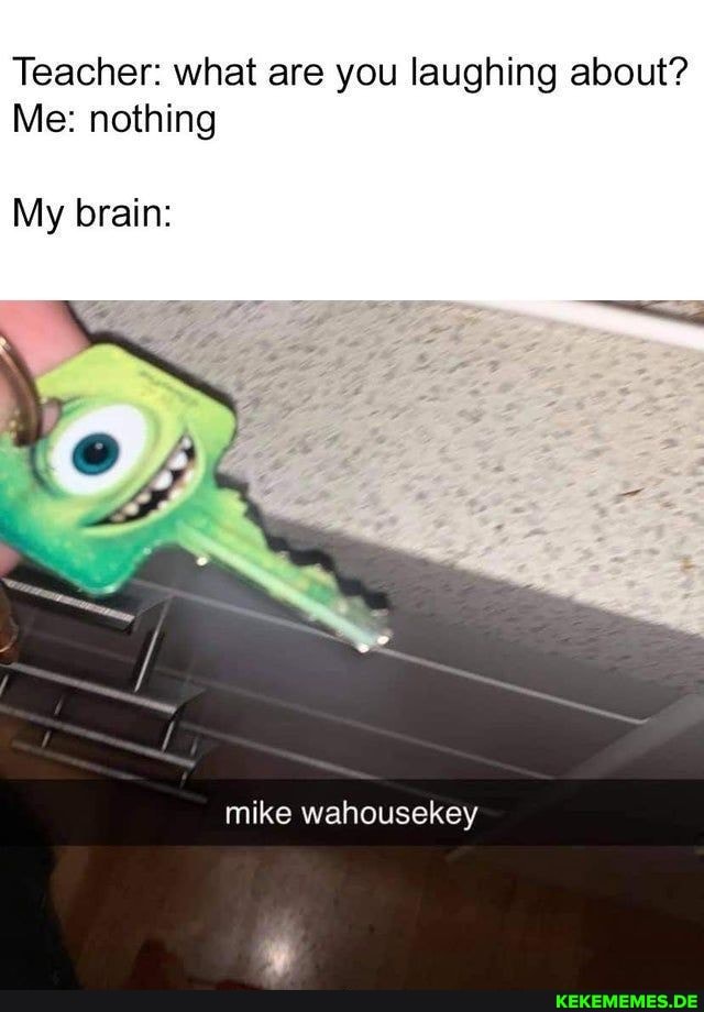 Teacher: what are you laughing about?
Me: nothing
My brain:
mike wahousekey