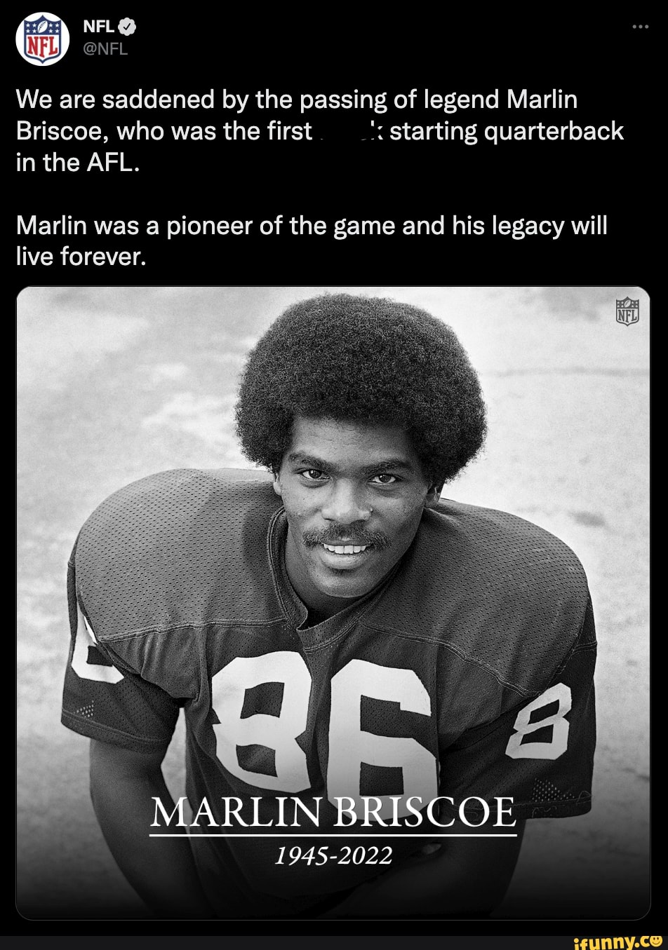 @NFL We are saddened by the passing of legend Marlin Briscoe, who was ...