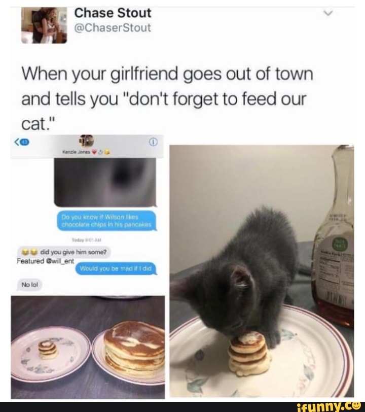 Chase Stout
@ChaserStout
When your girlfriend goes out of town and tells you "don't forget to feed our cat."
Bo you now if Wilson chocolate chips in his pancakins
Featured @will_ent