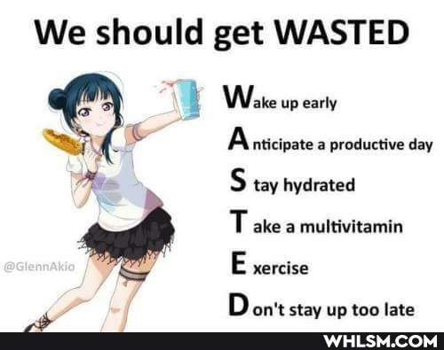We should get WASTED
Wate up early
& A nticipate productive day
S tay hydrated
T ake a multivitamin
E nercise
D on't <tav un too late