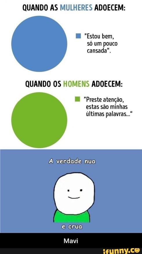 QUANDO AS MULHERES ADOECEM:
E "Estou bem,
só um pouco
cansada".
QUANDO OS HOMENS ADOECEM:
E "Preste atenção,
estas são minhas
últimas palavras..."
A) verdade! nua! - Mavi