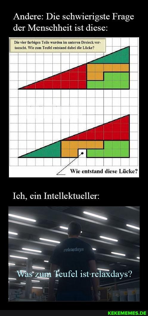 Andere: Die schwierigste Frage der Menschheit ist diese:
unteren Dreieck ver-
tauscht. Wie zum Teufel entstand dabei die Lücke?
diese
Ich. ein Intellektueller:
"zum Teufel istrelaxdays?