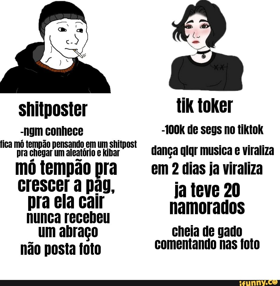 shitposter tik toker
-ngm conhece -100k de segs no tiktok fica mó tempão pensando I em um shitpost
pra chegar um aleatório kibar dança qlgr musica e viraliza
mó tempão pra em dias ja viraliza
pao, ja teve 20 pra ela cair nunca recebeu namorados um abraço cheia de gado
não posta foto comentando nas foto