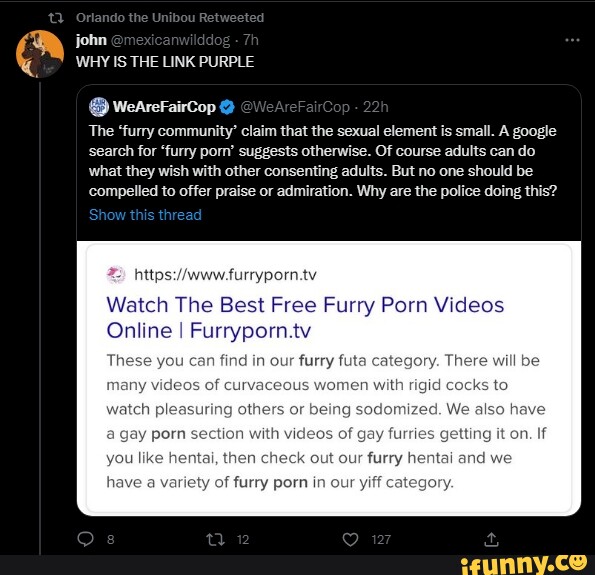 John WHY IS THE LINK PURPLE @ WeAreFairCop al The 'furry community' claim  that the sexual element