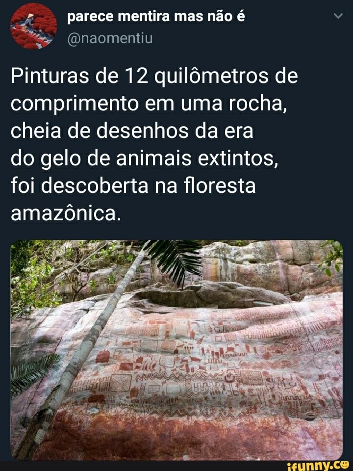 parece mentira mas não é
Pinturas de 12 quilômetros de comprimento em uma rocha, cheia de desenhos da era
do gelo de animais extintos, foi descoberta na floresta amazônica.