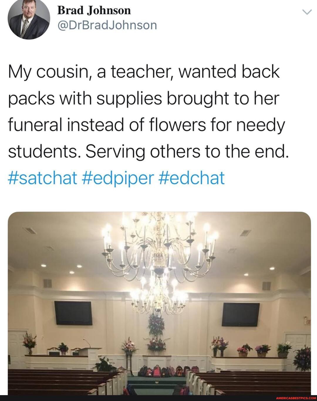 My cousin, a teacher, wanted back packs with supplies brought to her funeral instead of flowers for needy students. Serving others to the end.
#satchat #edpiper #edchat