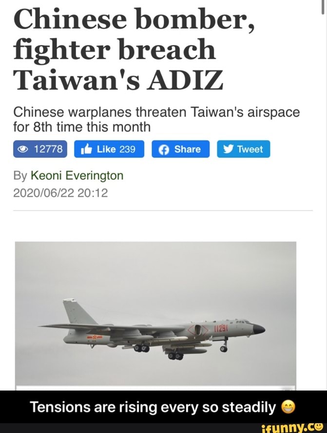 Chinese bomber,
fighter breach
Taiwan's ADIZ
Chinese warplanes threaten Taiwan's airspace
for 8th time this month
CD IS CES CA
By Keoni Everington
I Tensions are rising every so steadily O - Tensions are rising every so steadily π