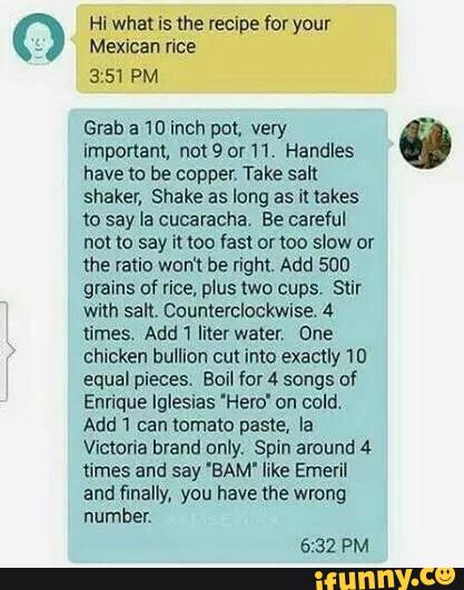 Hi what is the recipe for your
Mexican rice
3:51 PM
Grab a 10 inch pot. very
important, not 9 or 11. Handles
have to be copper, Take sak
shaker, Shake as long as it lakes
to say Ia cucaracha. Be careful
not to say il (oo fast or too slow or
the ratio won‘t be right. Add 500
grains of rice, plus two cups. Stir
with salt. Counterclockwise. 4
times. Add“) Iiterwater, One
chicken bullion cut into exactly 1D
equal pieces. Boil for 4 songs oi
Enrique Iglesias 'Hero' on cold.
Add 1 can tomato pas1e, Ia
Vimoria brand only. Spin around 4
times and say 'BAM' like Emeril
and finally, you have the wrong
number.