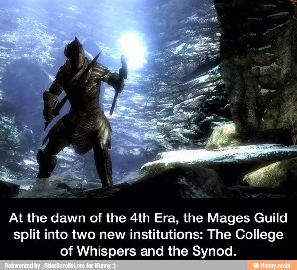 At the dawn of the 4th Era, the Mages Guild
split into two new institutions: The College
of Whispers and the Synod.