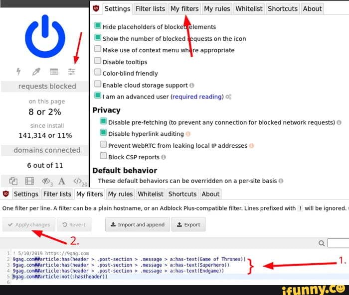 Settings Filter Lists My Filters My Rules Whitelist Shortcuts About