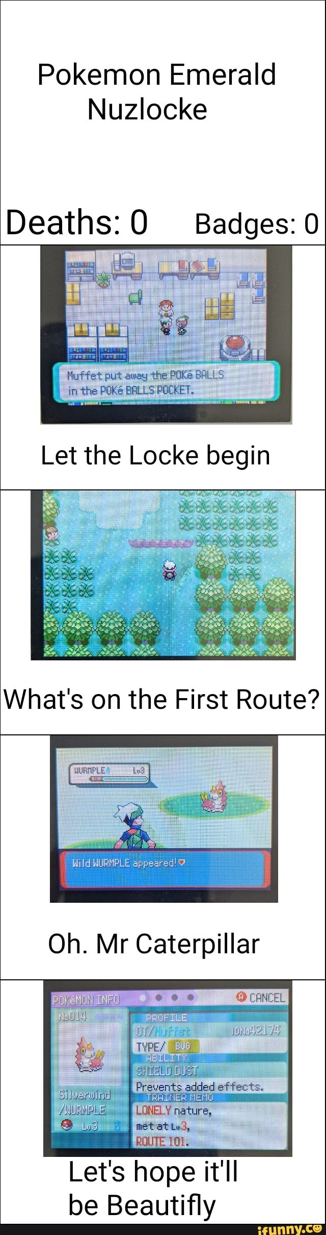 Pokemon Emerald Nuzlocke Deaths: Badges: 0 Let the Locke begin What's on the First Route? Mr Caterpillar Let's hope it'll be Beautifly -