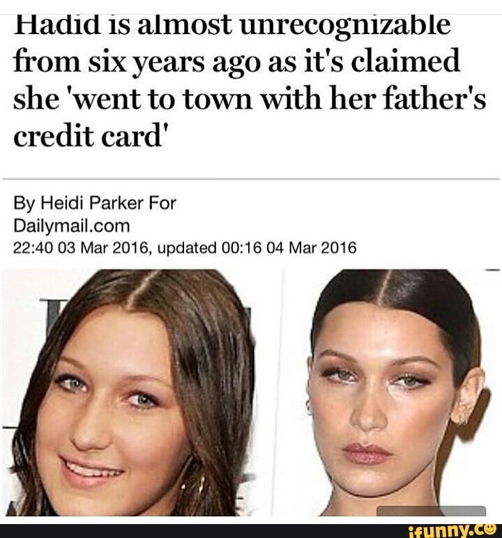 Hadid is almost unrecognizable
from six years ago as
it's claimed
she 'went to town with her father's
credit card'
By Heidi Parker For
Dailymail.com
22:40 03 Mar 2016. updated 00:16 04 Mar 2016