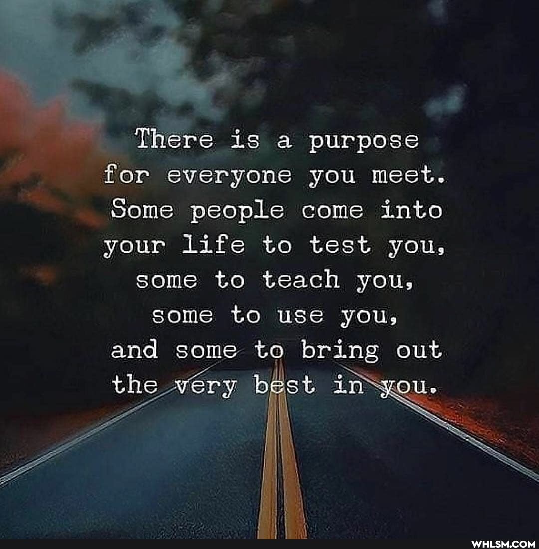 There is a purpose for everyone you meet.
Some people come into your life to test you,
some to teach you,
some to use you, and some to bring out
the very best in you
} \