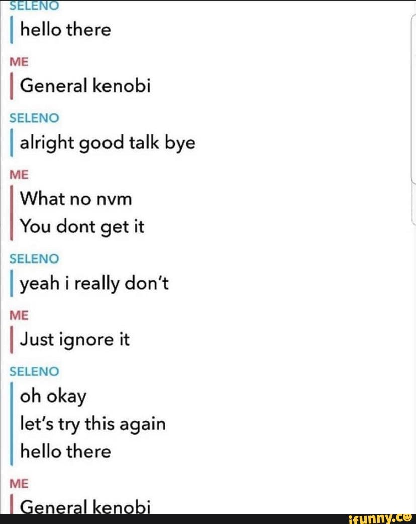 Seleno I Hello There Me I General Kenobi I Alright Good Talk Bye Me What No Nvm You Dont Get It Seleno I Yeah I Really Don T Me I Just Ignore It