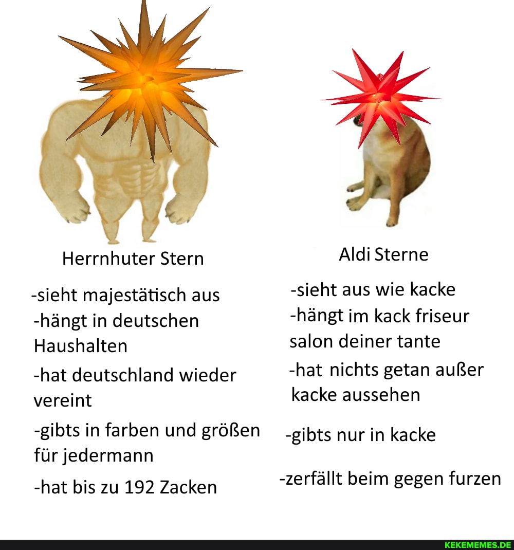 Aldi Sterne
-sieht majestätisch aus -sieht aus wie kacke
-hängt in deutschen -hängt im kack friseur
Haushalten salon deiner tante
-hat deutschland wieder -hat nichts getan außer vereint kacke aussehen
-gibts in farben und größen -gibts nur in kacke für jedermann
-hat bis zu 192 Zacken -zerfällt beim gegen furzen