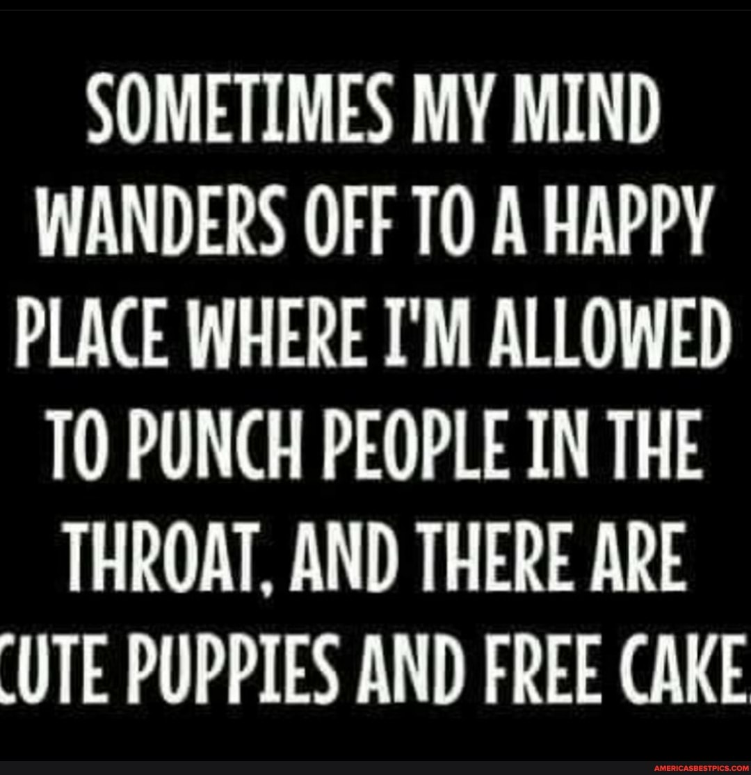 SOMETIMES MY MIND WANDERS OFF A HAPPY PLACE WHERE I'M ALLOWED TO PUNCH PEOPLE IN THE THROAT, AND THERE ARE UTE PUPPIES AND FREE CAKE