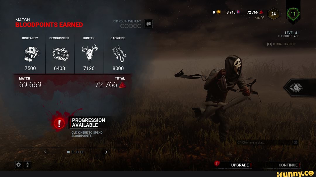 MATCH
BRUTALITY
7500
MATCH
69 669
DID YOU HAVE FUN?
DEVIOUSNESS HUNTER SACRIFICE
6403 7126 8000
TOTAL
PROGRESSION AVAILABLE
3745 72 766 24
Anexful
LEVEL 41
THE GHOST FACE UPGRADE CONTINUE