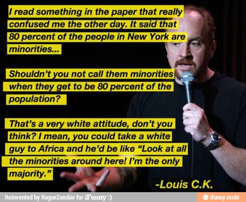 I read something in the paper that really
confused me the other day. It said that
80 percent of the people in New York are
Shouldn't you not call them minorities!
when they get to be 80 percent of the
That's a very white attitude, don't you
think? I mean, you could take a white
guy to Africa and he'd be like "Look at all
the minorities around here! I'm the only