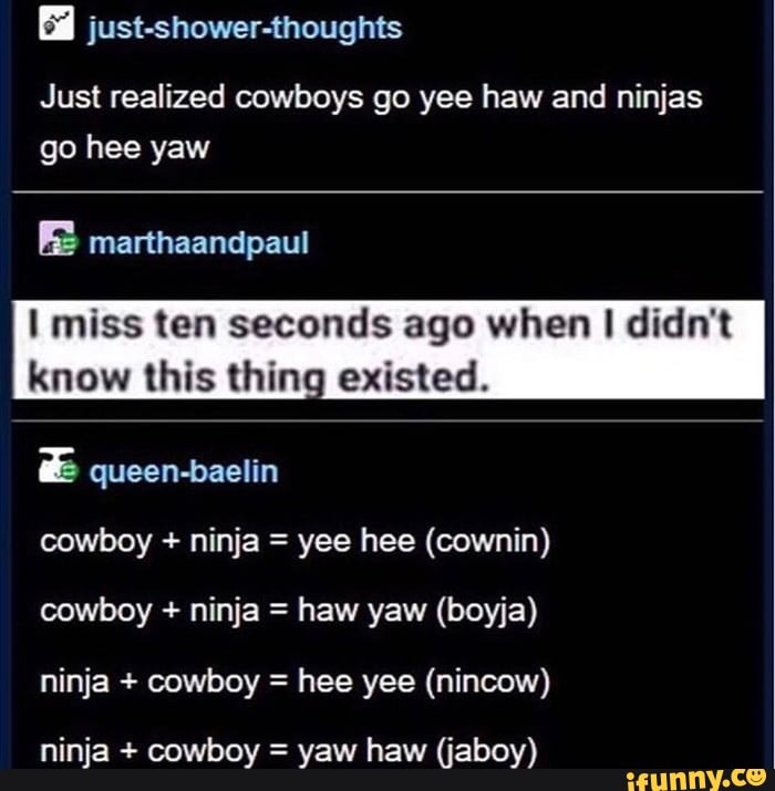 just-shower-thoughts
Just realized cowboys go yee haw and ninjas
go hee yaw
I miss ten seconds ago when I didn't
know this thin -
existed.
queen-baelin
cowboy + ninja = yee hee (cownin)
cowboy + ninja =
haw yaw (boyja)
ninja + cowboy =
hee yee (nincow)
ninja + cowboy = yaw haw (jaboy)