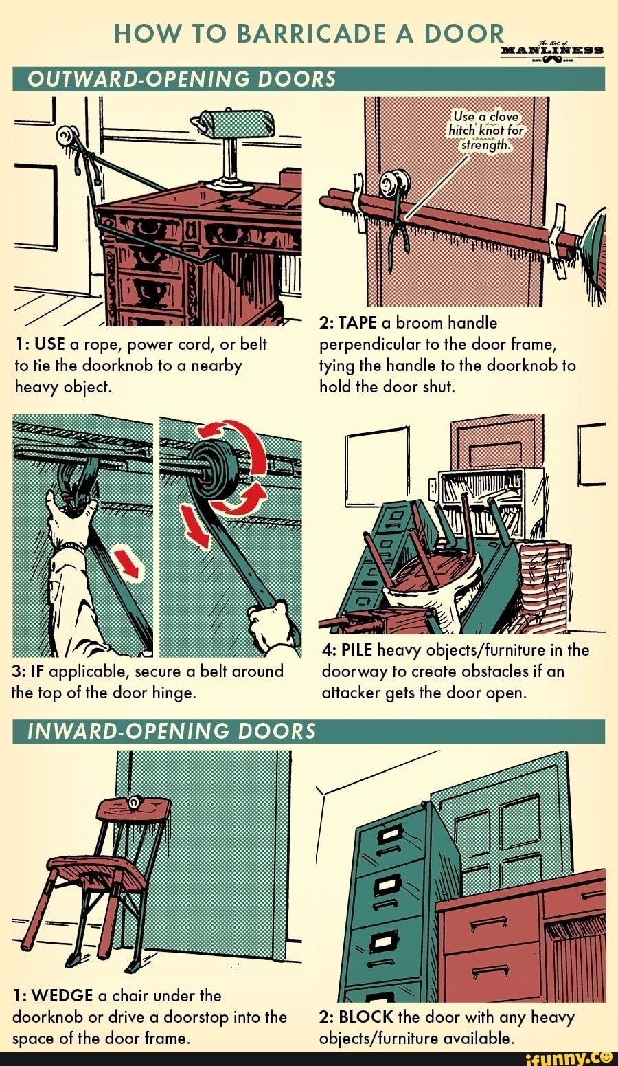 HOW TO BARRICADE A DOOR MANLINESS OUTWARDOPENING DOORS 2 TAPE a broom