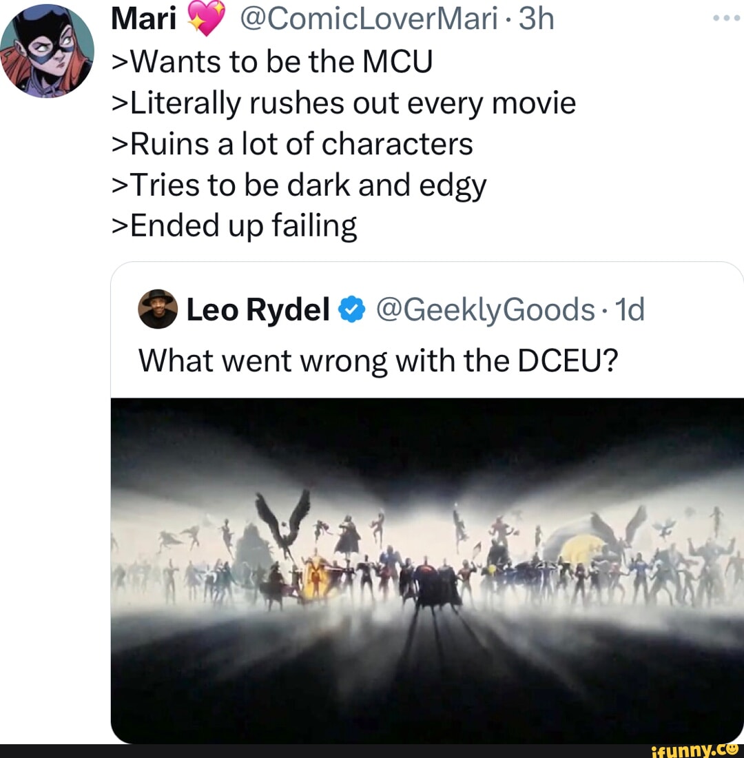 Mari @ComicLoverMari- ></p>
<p>Wants to be the MCU >Literally rushes out every movie >Ruins a lot of characters >Tries to be dark and edgy >Ended up failing @ Leo Rydel @ @GeeklyGoods id What went wrong with the DCEU?» /></p>
<div class='yarpp yarpp-related yarpp-related-website yarpp-template-list'>
<!-- YARPP List -->
<div>Похожие публикации:</div><ol>
<li><a href=