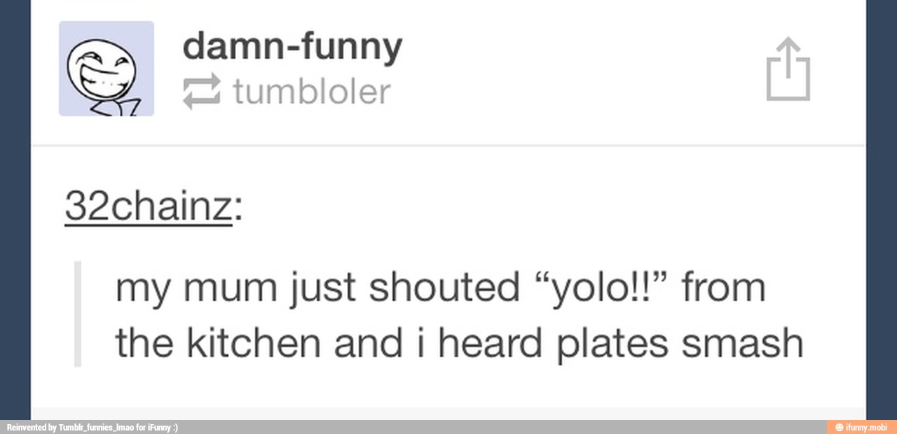S damn-funny
tumbloler
my mum just shouted "yolo!!" from
the kitchen and i heard plates smash