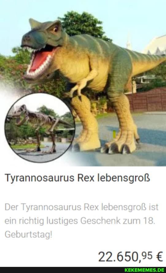 Tyrannosaurus Rex lebensgroß
Der Tyrannosaurus Rex leber in richtig lustiges Geschenk zum 1
Geburtstag!
29 65095