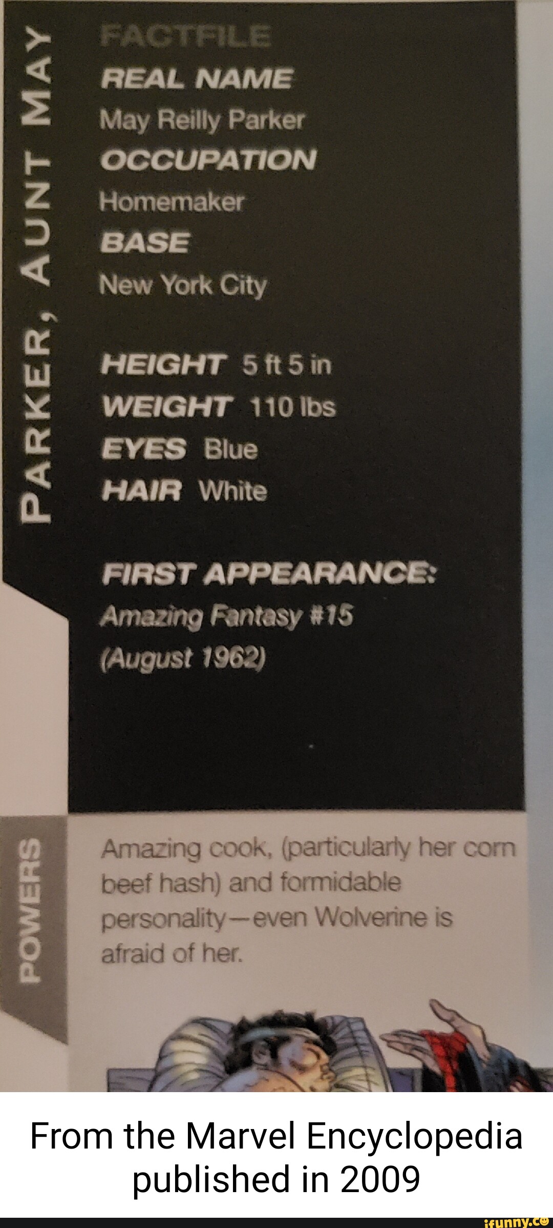 AUNT PARKER, MAY REAL NAME May Reilly Parker OCCUPATION Homemaker BASE New York City HEIGHT 5 ft