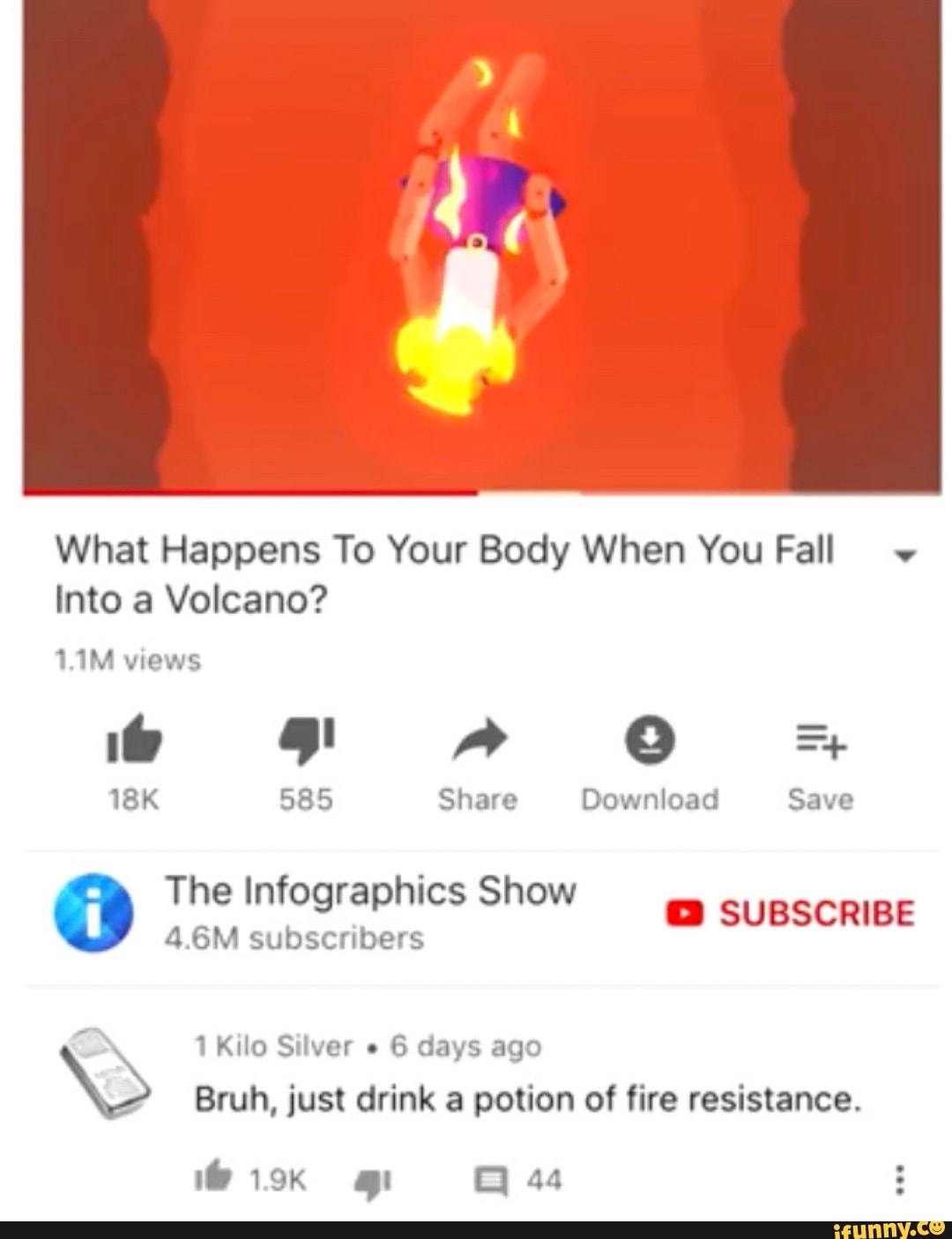 La
What Happens To Your Body When You Fall
Into a Volcano?
1,1M views
The Infographics Show
4.6M subscribers
ED SUBSCRIBE
1 Kilo Silver 6 days ago
Bruh, just drink a potion of fire resistance.
I