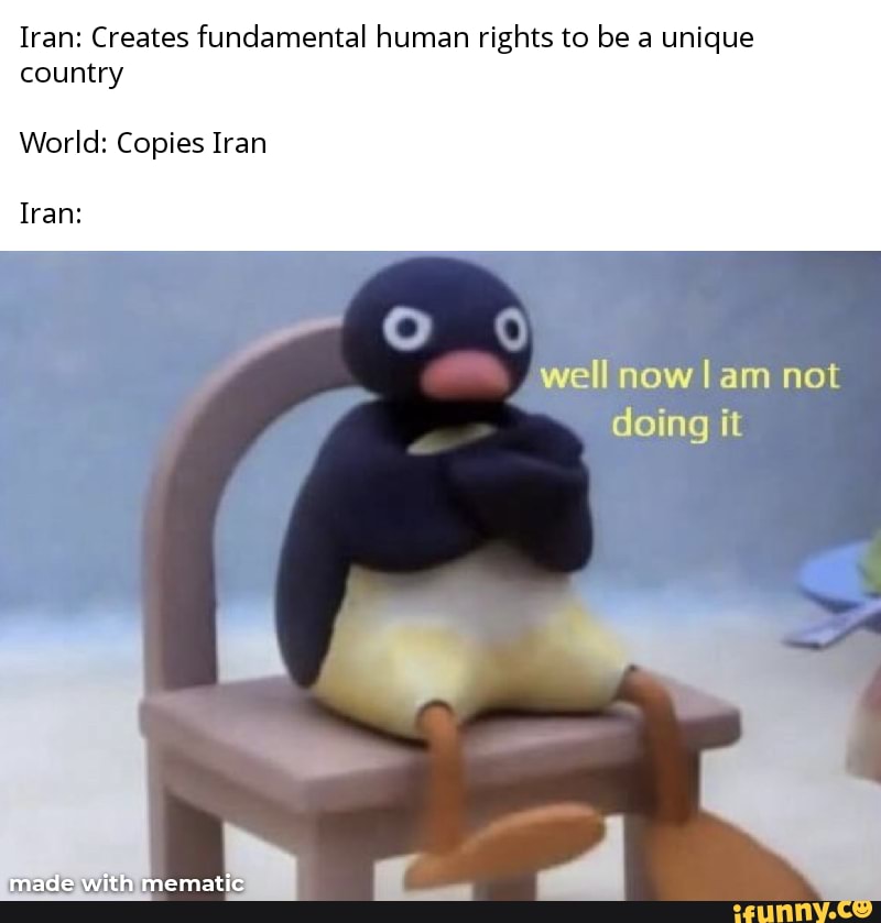 Iran: Creates fundamental human rights to be a unique
country
World: Copies Iran
Iran:
well now I am not
doing it