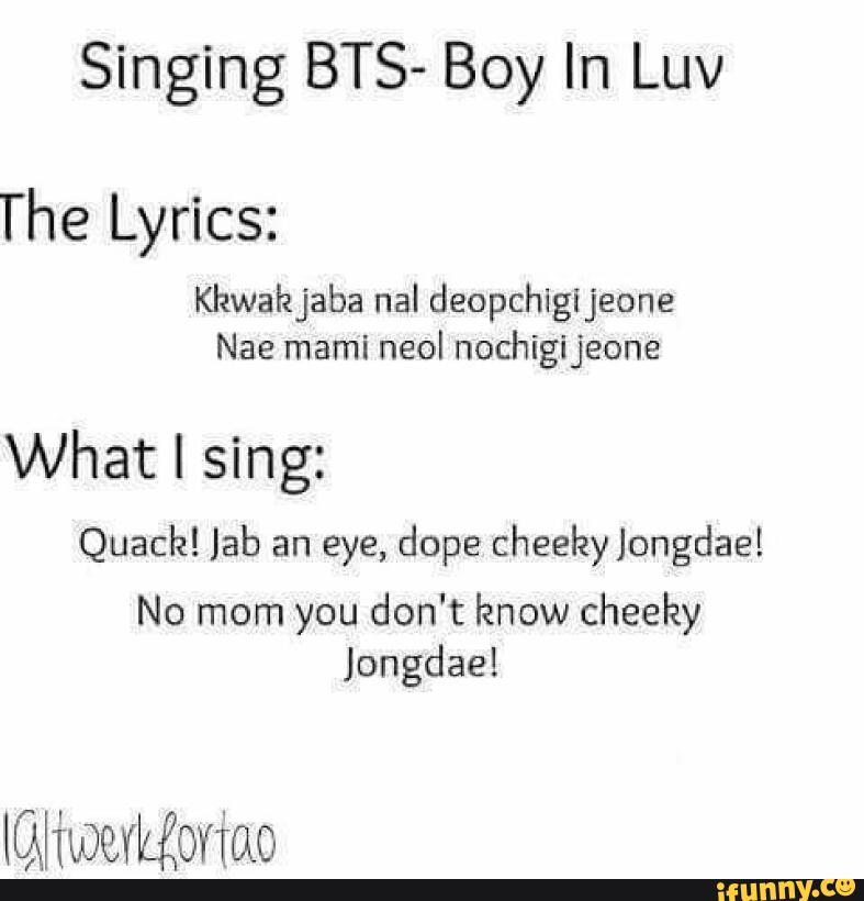 Singing Bts Boy In Luv The Lyrics Khwahjaba Nal Deopchigijeone What I Sing Quack Jab An Eye Dope Cheehyjongdae Jongdae Ifunny