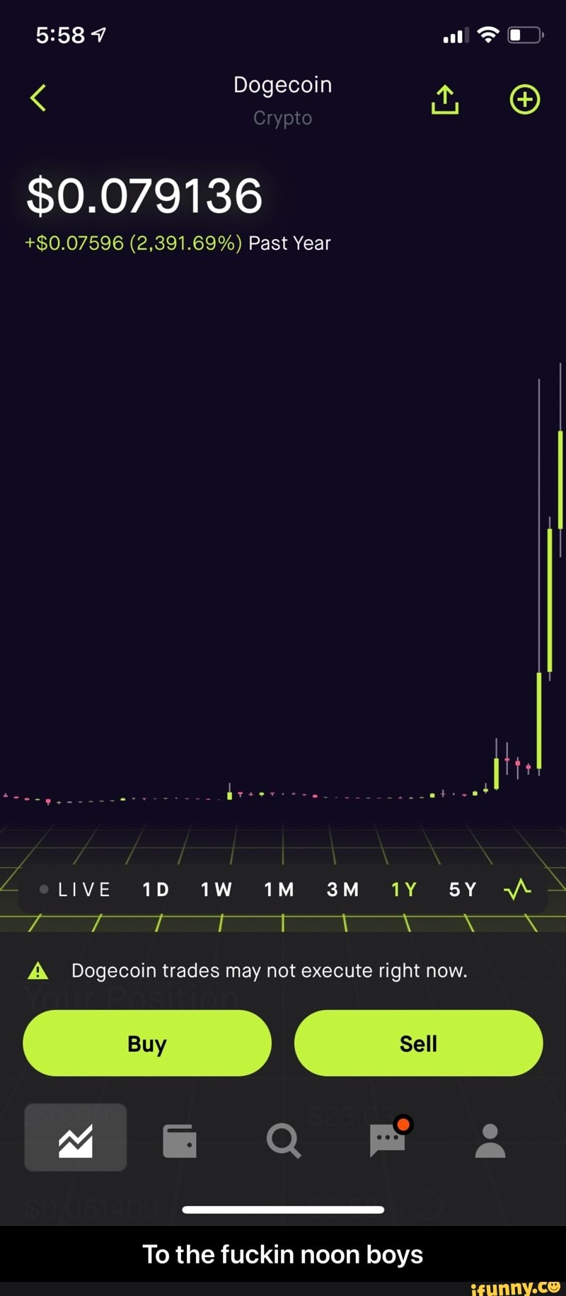 al
Dogecoin
Crypto
$0.079136
+$0.07596 (2,391.69%) Past Year
LIVE SY Ta 7 7 \ \ IN iN
Dogecoin trades may not execute right now.
ae arm
To the fuckin noon boys - To the fuckin noon boys