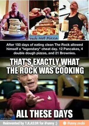 After 150 days of eating clean The Rock allowed
himself a "legendary" cheat day. 12 Pancakes, 4
double dough pizzas, and 21 Brownies.
a
THATSS EXACTLY, WHAT
gs
THEROCKWAS COOKING ALL THESE DAYS