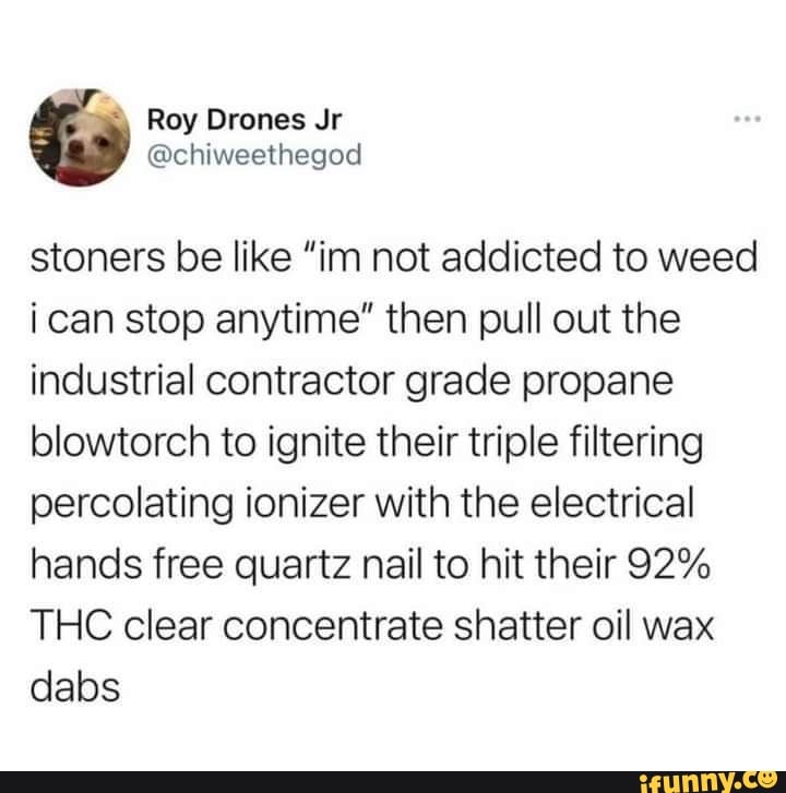 stoners be like "in not addicted to weed ican stop anytime" then pull out the industrial contractor grade propane blowtorch to ignite their triple filtering percolating ionizer with the electrical hands free quartz nail to hit their 92%
THC clear concentrate shatter oil wax dabs