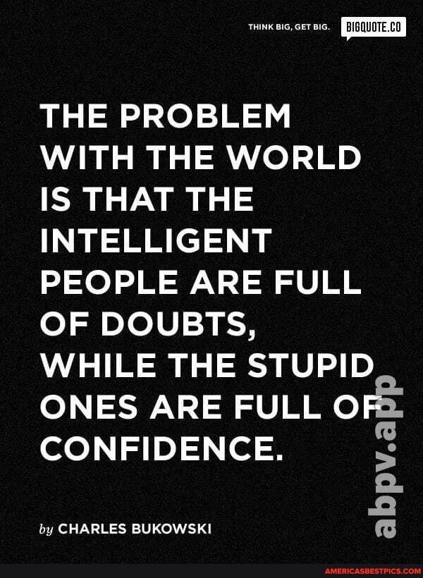 THE PROBLEM WITH THE WORLD IS THAT THE INTELLIGENT PEOPLE ARE FULL OF DOUBTS,
WHILE THE STUPID ONES ARE FULL OF CONFIDENCE.
by CHARLES BUKOWSK)