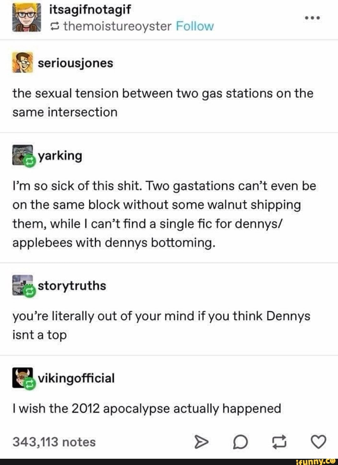 itsagifnotagif themoistureoyster Follow
the sexual tension between two gas stations on the
same intersection
I'm so sick of this shit. Two gastations can't even be
on the same block without some walnut shipping
them, while I can't find a single fic for dennys/
applebees with dennys bottoming.
you're literally out of your mind if you think Dennys
isnt a top
CAN gula
I wish the 2012 apocalypse actually happened