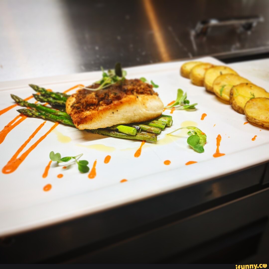 Halibut Romesco Pan seared halibut, sauteed asparagus, oven roasted potato medallions ...
