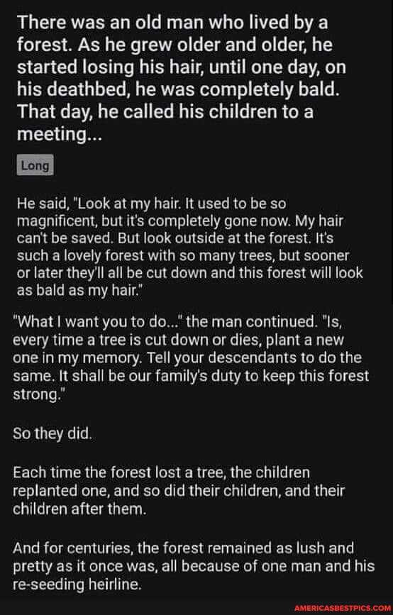 There was an old man who lived by a forest. As he grew older and older, he started losing his hair, until one day, on his deathbed, he was completely bald.
That day, he called his children to a meeting...
He said, "Look at my hair. It used to be so magnificent, but it's completely gone now. My hair can't be saved. But look outside at the forest. It's such a lovely forest with so many trees, but sooner or later they'll all be cut down and this forest will look as bald as my hair."
"What I want you to do..." the man continued. "Is, every time a tree is cut down or dies, plant a new one in my memory. Tell your descendants to do the same. It shall be our family's duty to keep this forest strong."
So they did.
Each time the forest lost a tree, the children replanted one, and so did their children, and their children after them.
And for centuries, the forest remained as lush and pretty as it once was, all because of one man and his
ra.caadinna hairiina