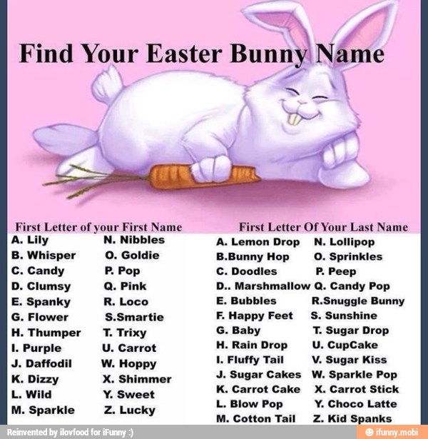 A Find Your Easter Bunny Name B 4 First Letter Of Your First Name First Letter Of Your Last Name A Lily N Nibbles A Lemon Drop N Lollipop B Whisper O Gol