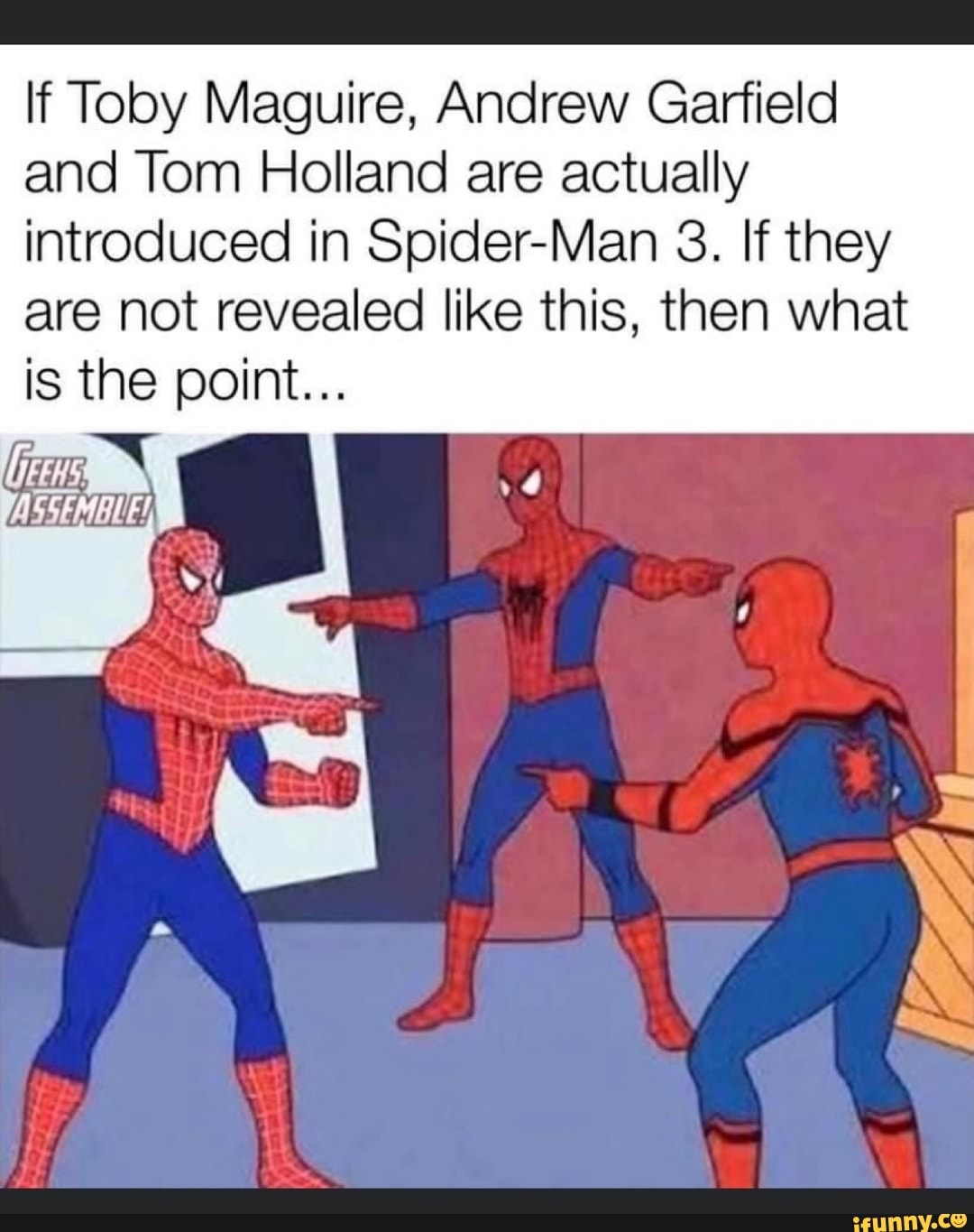If Toby Maguire, Andrew Garfield and Tom Holland are actually introduced in Spider-Man 3. If they are not revealed like this, then what is the point...
ASSEMBLE!,