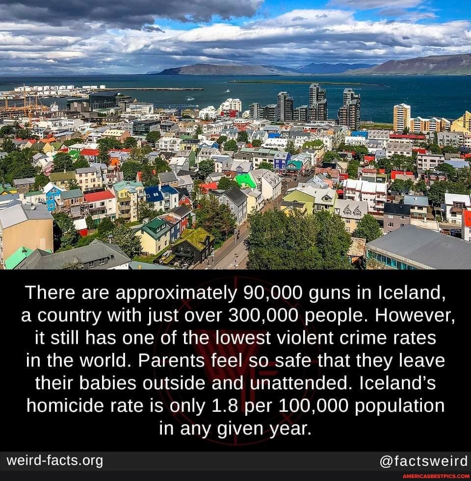 the
There are approximately 90,000 guns in Iceland, a country with just over 300,000 people. However, it still has one of the lowest violent crime rates in the world. Parents feel so safe that they leave their babies outside and unattended. Iceland's homicide rate is only 1.8 per 100,000 population in any given year.
@factsweird