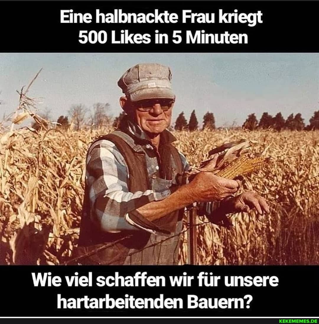 Eine halbnackte Frau kriegt
500 Likes in 5 Minuten
Wie viel schaffen wir für unsere hartarbeitenden Bauern?