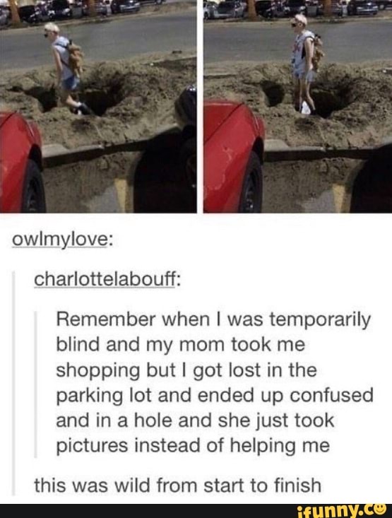 owlmylove:
charlottelabouff:
Remember when I was temporarily
blind and my mom took me
shopping but I got lost in the
parking lot and ended up confused
and in a hole and she just took
pictures instead of helping me
this was wild from start to finish