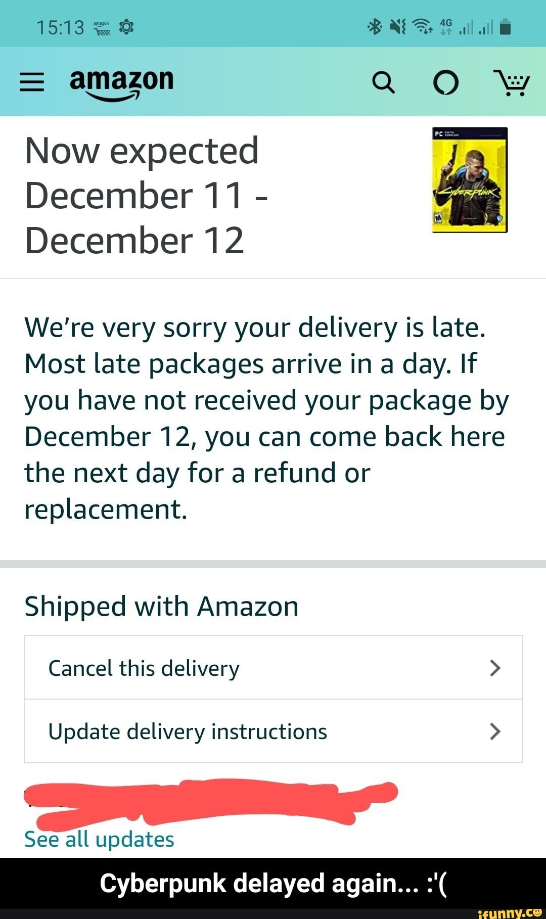Ll amazon Now expected December 11 December 12 We're very sorry your