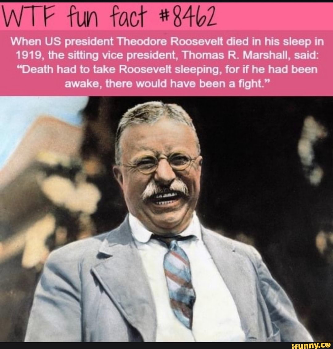 fun fact
When US president Theodore Roosevelt died in his sleep in
1919, the sitting vice president, Thomas R. Marshall, said:
"Death had to take Roosevelt sleeping, for if he had been
awake, there would have been a fight."