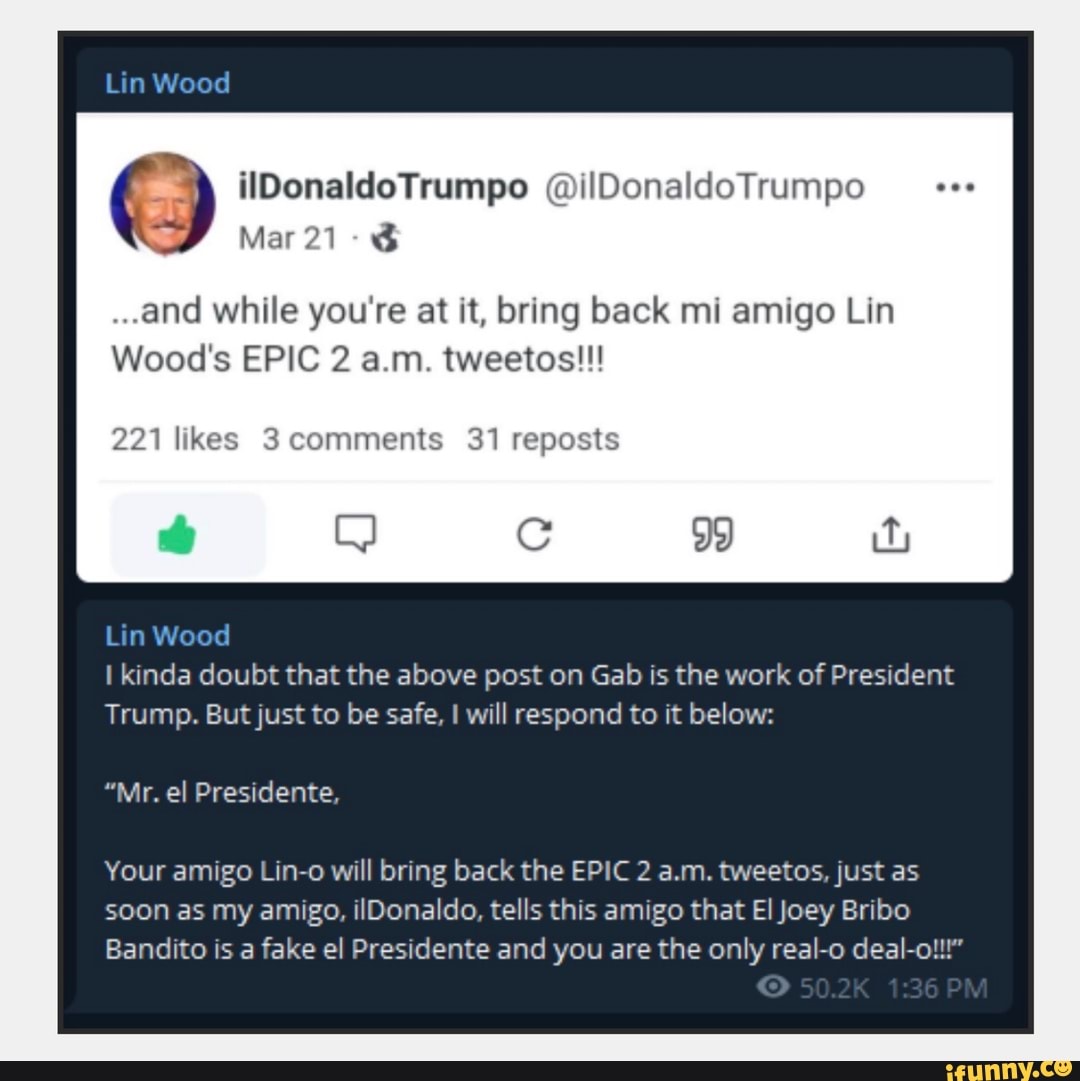 Lin Wood iiIDonaldoTrumpo @ilDonaldoTrumpo
Mar 21
..and while you're at it, bring back mi amigo Lin
Wood's EPIC 2 a.m. tweetos!!!
221 likes comments 31 reposts
CC
Lin Wood
I kinda doubt that the above post on Gab is the work of President
Trump. But just to be safe, I will respond to it below:
"Mr. el Presidente,
Your amigo Lin-o will bring back the EPIC 2 a.m. tweetos, just as
soon as my amigo, ilDonaldo, tells this amigo that El Joey Bribo
Bandito is a fake el Presidente and you are the only real-o deal-