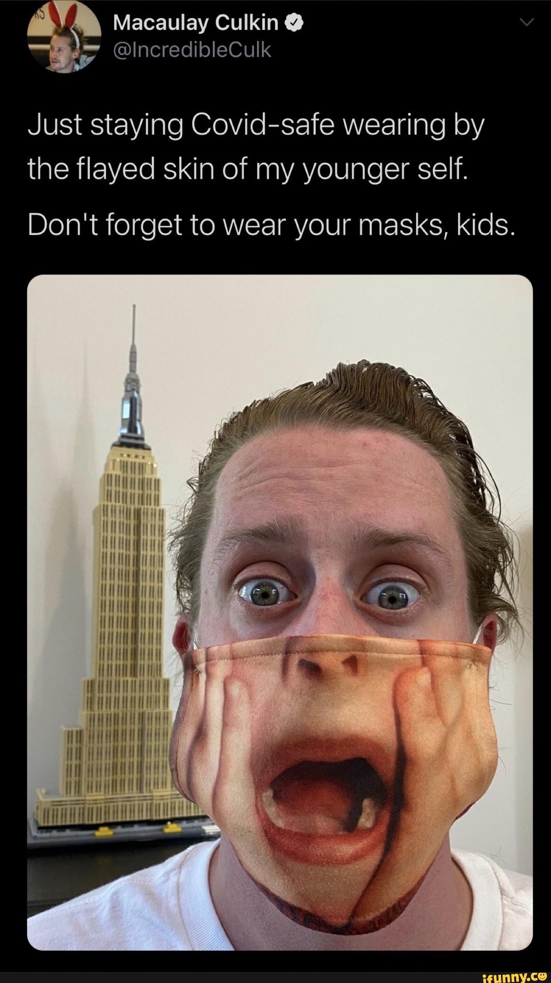 Macaulay Culkin Just Staying Covid Safe Wearing By The Flayed Skin Of My Younger Self Don T Forget To Wear Your Masks Kids Il Ifunny