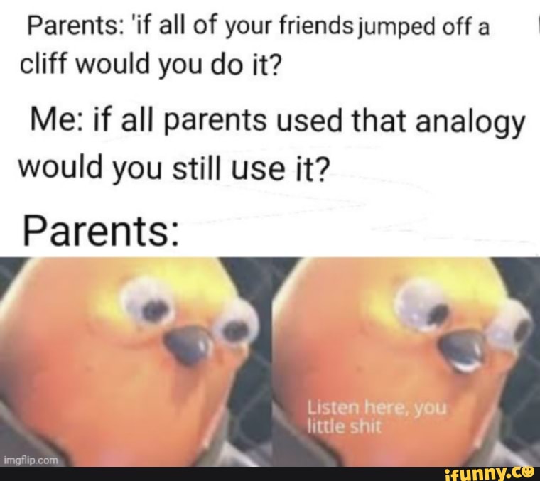 Parents: 'if all of your friends jumped off a
cliff would you do it?
Me: if all parents used that analogy
would you still use it?
Listen here, you
little shit
I